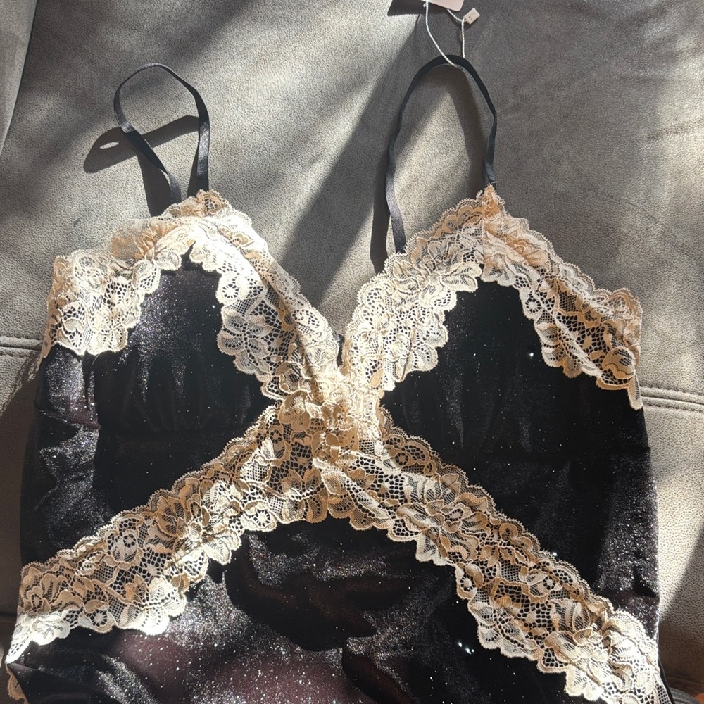 Black velvet Chemise with Cream Lace Trim
